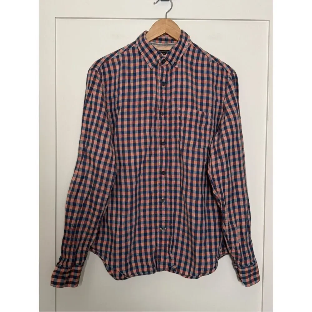 Banana Republic Camden Fit Shirt Men Sz M Blue Pink Check 100% Linen Long Sleeve